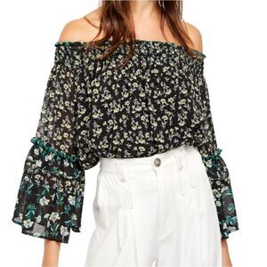 Free People XS Rose Valley Floral Print  Off-Shoulder Top Black